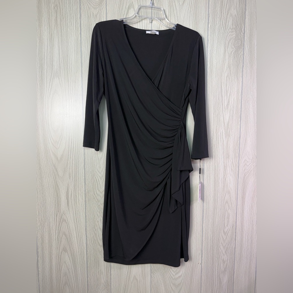 Calvin Klein Black Faux-Wrap Long Sleeve‎ Ruched Dress